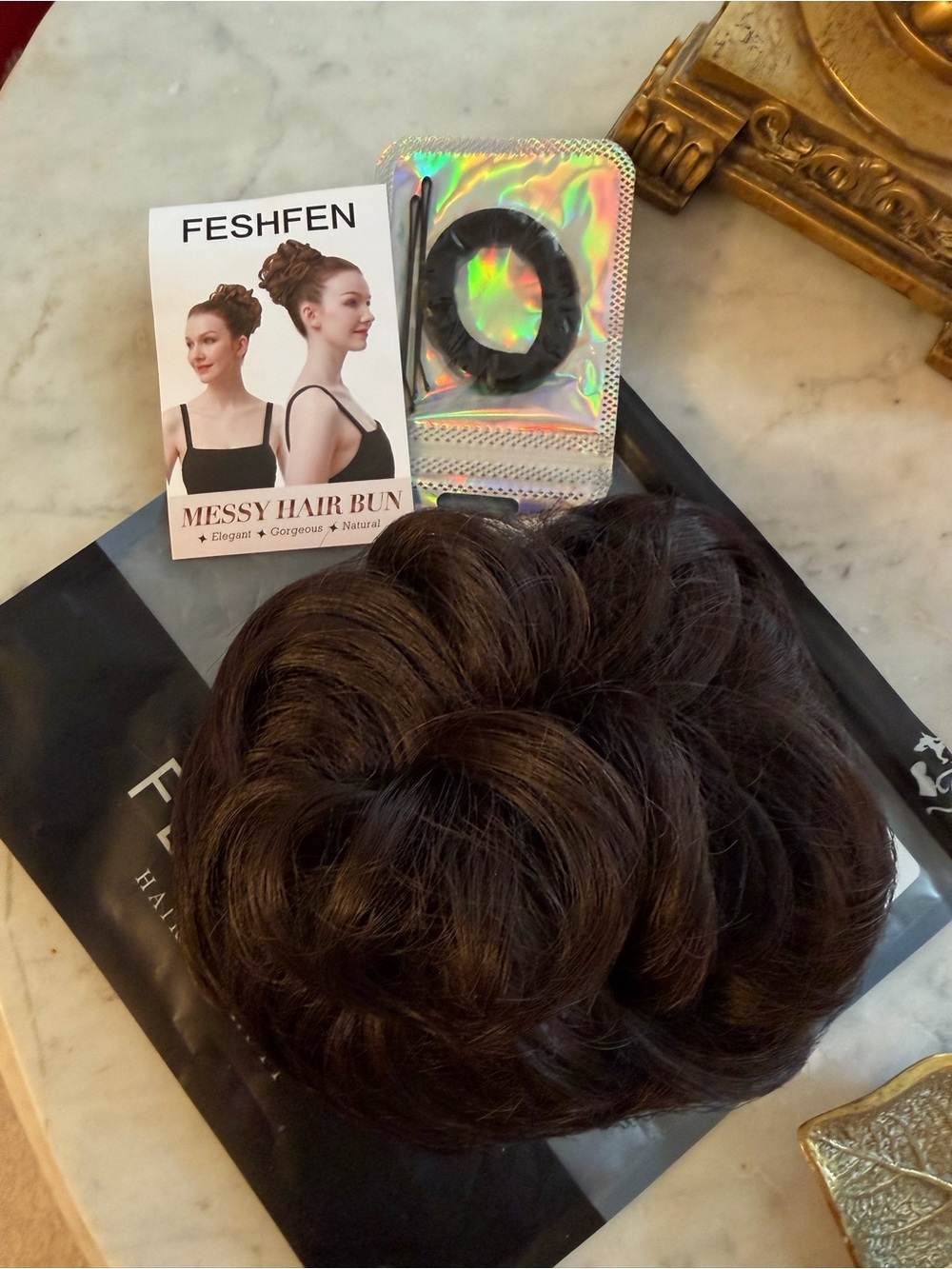 FeshFen Wavy Hair Bun - Wavy Curly Medium Brown